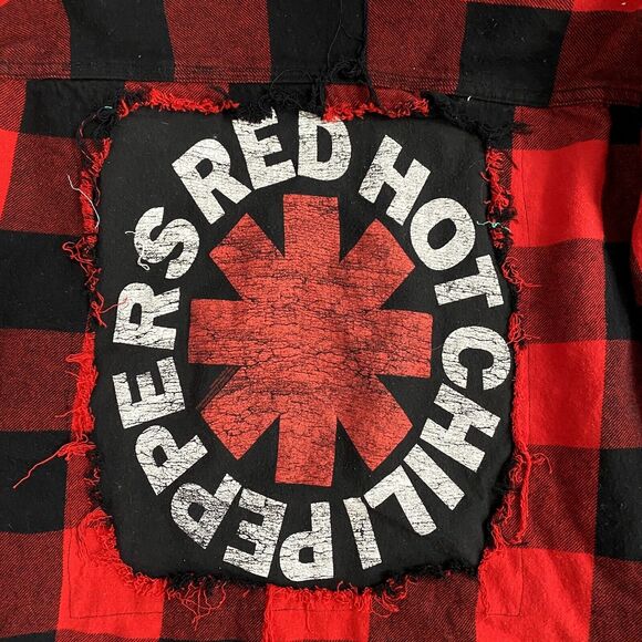 Upcycled Flannel Shirt Womens Medium Shacket Chili Peppers Red Country Grunge - Picture 4 of 16